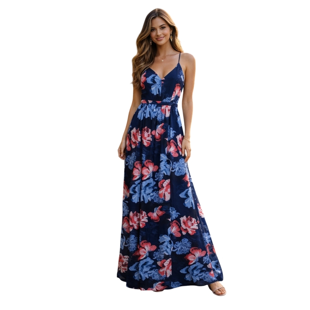 1 State Spaghetti Strap Lace-up Back Floral Maxi Dress Faux Wrap